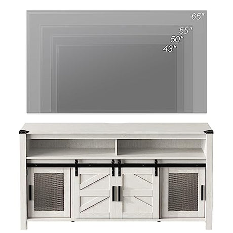 WAMPAT Rustic White Farmhouse Coffee Bar Cabinet with Sliding Barn Doors and Adjustable Storage WAMPAT
