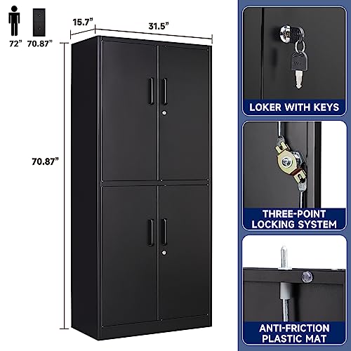 Yizosh Metal Storage Locking Cabinet with 4 Doors and 2 Adjustable Shelves,71" Lockable Garage Tall Steel Cabinet,for Home Office,Living Room,Pantry,Gym,Commercial Storage (Black) Yizosh
