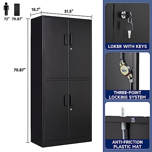 Yizosh Metal Storage Locking Cabinet with 4 Doors and 2 Adjustable Shelves,71" Lockable Garage Tall Steel Cabinet,for Home Office,Living Room,Pantry,Gym,Commercial Storage (Black) - WoodArtSupply