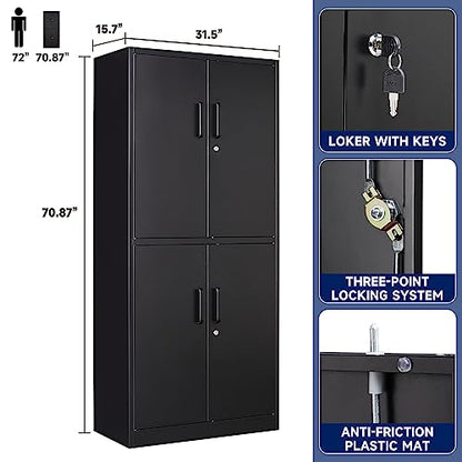 Yizosh Metal Storage Locking Cabinet with 4 Doors and 2 Adjustable Shelves,71" Lockable Garage Tall Steel Cabinet,for Home Office,Living Room,Pantry,Gym,Commercial Storage (Black) - WoodArtSupply