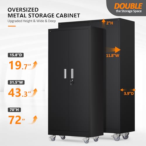 VINGLI Large Metal Storage Cabinet with 2 Doors and 5 Adjustable Shelves, Upgraded Height & Wide & Deep, 43''W x 20''D x 72''H, Oversized Garage Storage Cabinet with Wheels and Locks (Black) VINGLI