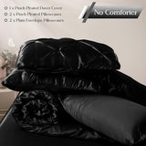 Heywaller 5-Piece Pinch Pleat Duvet Cover Set, Pintuck Duvet Cover Queen Size with Zipper, Black Satin Duvet Cover Shabby Chic Bedding (2 Pillow Shams + 2 Pillowcases), No Comforter Heywaller