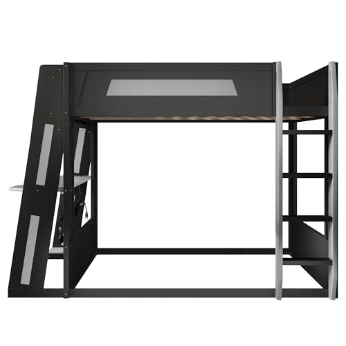 MERITLINE Queen Size Gaming Bunk Bed with Built-in Desk, RGB LED Lights & USB Port, Cable Management System & PC Tower Space, Overhead Storage Shelves, Full-Length Guardrails, Black+Grey MERITLINE