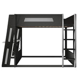MERITLINE Queen Size Gaming Bunk Bed with Built-in Desk, RGB LED Lights & USB Port, Cable Management System & PC Tower Space, Overhead Storage Shelves, Full-Length Guardrails, Black+Grey MERITLINE