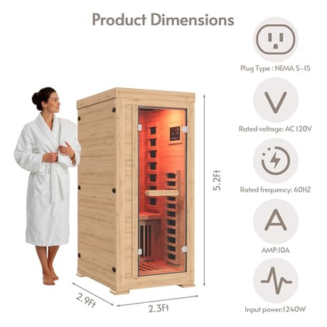 ENSTVER Infrared Wood Sauna 5.4Ft 1 Person, Luxury Full Spectrum Far Infrared Sauna Features Low EMF 1240w 7-Light Dynamic & Music Speakers, Canadian Hemlock Dry Indoor Saunas for Home & Gym ENSTVER