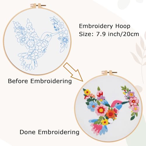 Nuberlic Bird Flower Embroidery Kit for Beginners -Adults Starter Cross Stitch Kit DIY Needlepoint with Hoop, Pre-Printed Fabric, Threads & Step-by-Step Guide