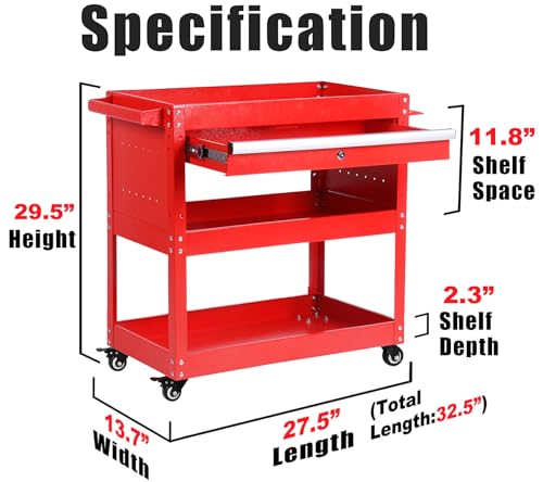 BRLJUNEO 3-Tier Tool Cart with Drawer, Heavy Duty Steel Utility Cart, 450 Lbs Load Capacity, Red BRLJUNEO