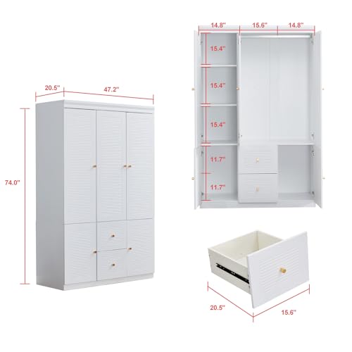 WonderWard 74" H Wardrobe with 3 Doors and 2 Storage Drawers, White Armoire Wardrobe Closet, Bedroom Closet with Hanging Rod, Clothing Wardrobe Closet, Wooden Louvered Wardrobe Closet. WonderWard