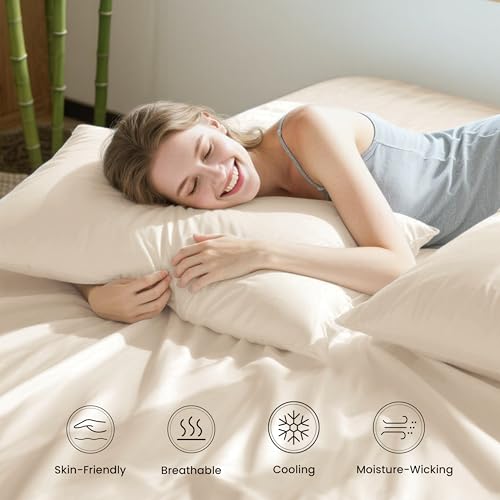 Love's cabin 4 Piece Queen Sheet Set, Cooling Sheets, 100% Rayon Derived from Bamboo, Breathable & Soft Queen Size Bed Set, Deep Pocket Up to 16", Hotel Luxury Silky Bedding Sheets, Beige Love's cabin