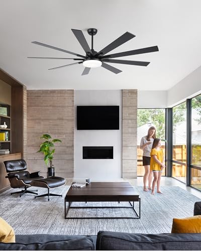 POCHFAN 72 inch Large Ceiling Fans with Lights and Remote Control, Modern Black Ceiling fan with 9 Wooden Blades for Kitchen Living Room Patio, Quiet DC Motor, 3 CCT Dimmable,6 Speed POCHFAN