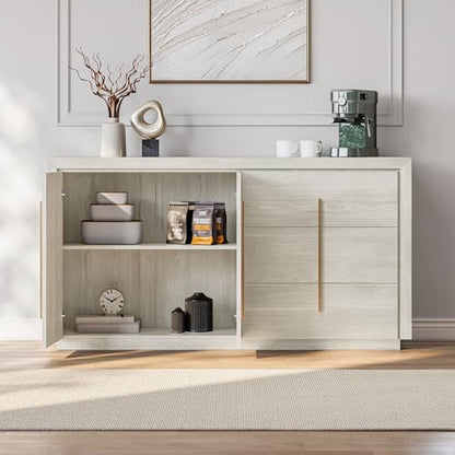 BELLEZE Sideboard Buffet Cabinet with Storage, Buffet Table with 3 Drawers and 2 Doors Storage Cabinet with Rose Gold Handles and Adjustable Shelves for Dining Room Living Rooms (Libra - White Sand)