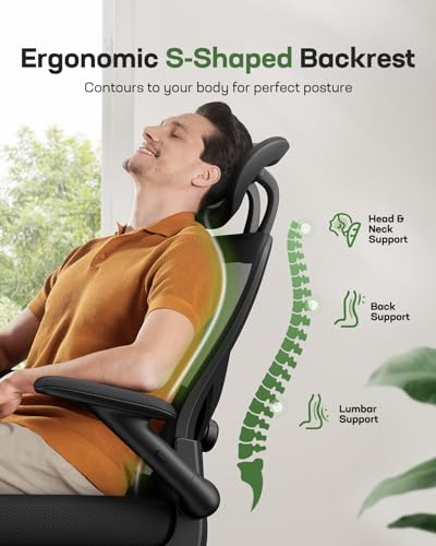 Marsail Ergonomic Mesh Office Chair High Back Desk Chair Adjustable Lumbar Support with Headrest Flip-Up Liftable Arms Swivel Computer Task Chair for Big and Tall People Marsail