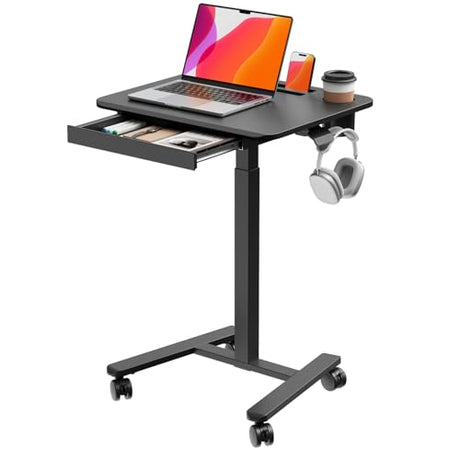 JYLH JOYSEEKER Mobile Small Standing Desk with Drawer, 23.6"x19.7" Rolling Laptop Cart on Wheels, Height Adjustable Sit Stand Computer Workstation with Storage for Compact Space, Black JYLH JOYSEEKER