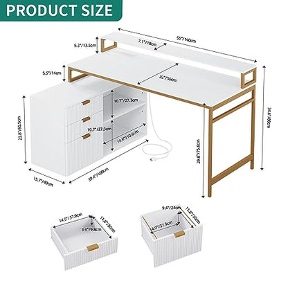 DWVO L Shaped Desk with File Cabinet & Power Outlets, 55" Computer Desk with Drawers, Corner Desk Office Desk with LED Light, White & Gold