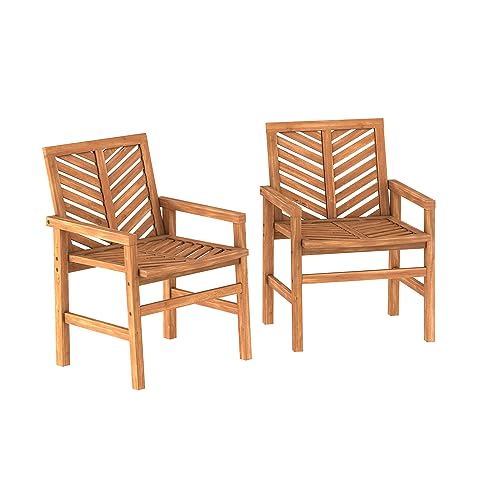 Walker Edison 2 Piece Outdoor Patio Chevron Wood Chair Set All Weather Backyard Conversation Garden Poolside Balcony, Set of 2, Brown - WoodArtSupply