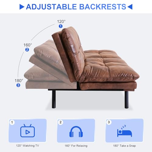 Vipbear 71" Futon Sofa Bed - Convertible Sofa Beds/Adjustable Backrest & Armrest, Comfy Loveseat Sleeper for Small Spaces, Apartments & Offices,Faux Leather Brown Futons Vipbear
