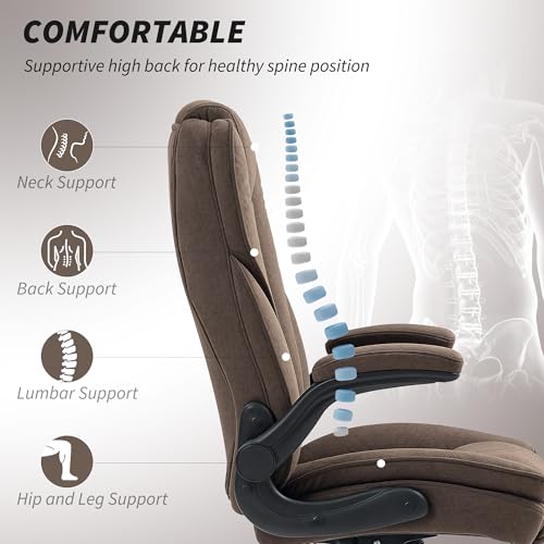 HOMCOM High Back Office Chair, Executive Desk Chair with Swivel Wheels, Flip-up Armrest, Adjustable Height, Modern Diamond Fabric Computer Chair for Home Office, Dark Brown HOMCOM