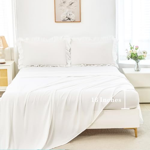 ANGIYUIN White Ruffle Comforter Set Twin 5 Pieces Ruffled Bed in A Bag with Sheets Soft Farmhouse Bedding Sets for Kids Girls Teens(White Twin) ANGIYUIN
