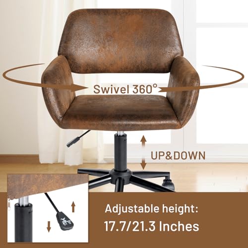 FurnitureR Office Chair, Upholstered Suede Mid Back Swivel Computer Desk Chair with Rolling Wheels, Adjustable Task Chair for Home, Bedroom, Make-up, Studying, Small Spaces - Brown FurnitureR