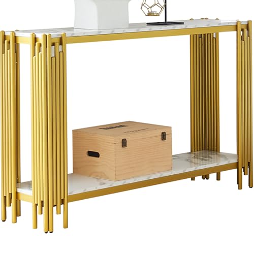 Goderfuu 48.8" White Faux Marble Console Table for Living Room, 2-Tier Rectangular Marble Sofa Table with Gold Metal Frame, Mid Century Modern Console Table Hallway Entryway Table, Gold Console Table Goderfuu