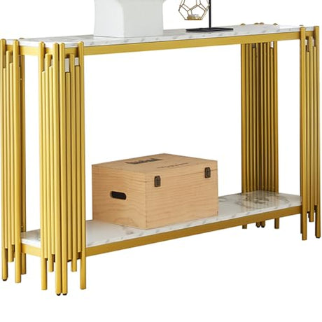 Goderfuu 48.8" White Faux Marble Console Table for Living Room, 2-Tier Rectangular Marble Sofa Table with Gold Metal Frame, Mid Century Modern Console Table Hallway Entryway Table, Gold Console Table Goderfuu