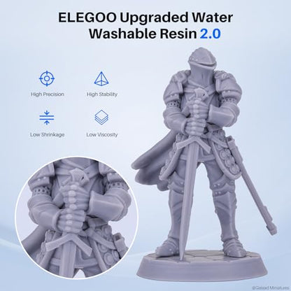 ELEGOO Upgraded Water Washable Resin 2.0, 3D Printer Resin with Low Viscosity and High Precision, 405nm Rapid UV-Curing Photopolymer Resin, 3D Resin for LCD/DLP 3D Printing, Grey 2000G