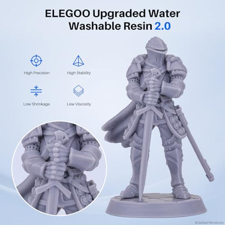 ELEGOO Upgraded Water Washable Resin 2.0, 3D Printer Resin with Low Viscosity and High Precision, 405nm Rapid UV-Curing Photopolymer Resin, 3D Resin for LCD/DLP 3D Printing, Grey 2000G ELEGOO