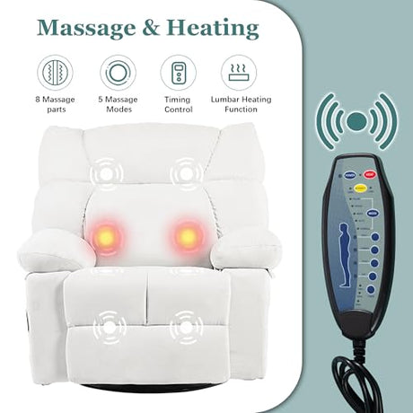 AISALL Power Swivel Rocker Recliner Chair Oversized for Adults, Electric Heated & Massage Chair Recliner with USB/Type-C, Fabric Nursery Recliner for Living Room,Bedroom, White AISALL