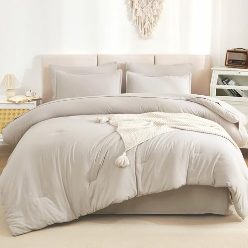 Litanika Full Size Comforter Sets Linen - 7 Pieces Bed in a Bag Full Bedding Comforter Sets, Solid Lightweight Bed Set with Comforter, Sheets, Pillowcases & Shams Litanika