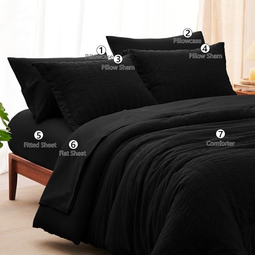 CozyLux Queen Comforter Set Black Seersucker 7 Pieces Bed in a Bag Queen Comforter Set with Sheets, Luxury Soft Bedding Set with Down Alternative Comforter, Sheets, Pillowcases & Shams for All Seasons CozyLux