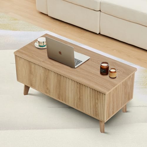 Wooden Fluted Lift Top Coffee Table with Hidden Compartment, Modern Rectangle Center Tables with Adjustable Storage Shelf, Lift Tabletop Dining Table for Home Living Room Office(Natural) - WoodArtSupply