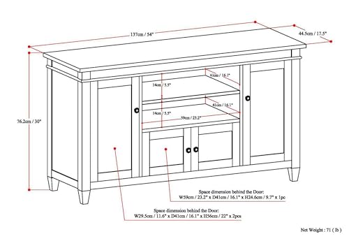 SIMPLIHOME Carlton SOLID WOOD Universal TV Media Stand, 54 Inch Wide, Contemporary, Living Room Entertainment Center, for Flat Screen TVs up to 60 Inch in Dark Tobacco Brown SIMPLIHOME