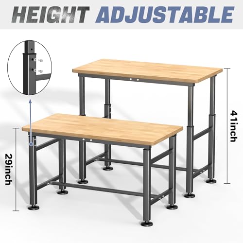 WALMANN Heavy Duty Adjustable Height Workbench 47.75" x 23.25", Rubber Wood Top Work Table for Garage, Workshop, 2000 lbs Load Capacity WALMANN