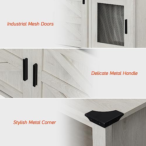 WAMPAT Rustic White Farmhouse Coffee Bar Cabinet with Sliding Barn Doors and Adjustable Storage WAMPAT