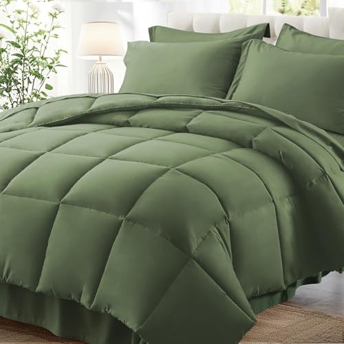 Zzlpp Queen Comforter Set 7 Pieces, Olive Green Bed in a Bag Bedding Set with 1 Comforter, 2 Pillow Shams, 2 Pillowcases, 1 Flat Sheet,1 Fitted Sheet with Pockets Zzlpp