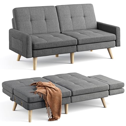 Gizoon Futon Sofa Bed, 70.9" Futon Couch with Adjustable Backrest, Removable Armrest for Extended Length, Mid Century Modern Loveseat for Living Room, 6 Wood Legs, 2 Metal Support Rods, Dark Grey Gizoon