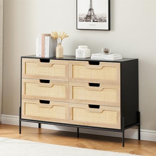 IDEALHOUSE 6 Drawers Dresser for Bedroom, Natural Rattan Drawer with Spacious Storage, Wood Chest of Drawers with Metal Legs for Bedroom, Living Room, Hallway, Entryway (Black, 6 Drawers Dresser) IDEALHOUSE