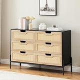 IDEALHOUSE 6 Drawers Dresser for Bedroom, Natural Rattan Drawer with Spacious Storage, Wood Chest of Drawers with Metal Legs for Bedroom, Living Room, Hallway, Entryway (Black, 6 Drawers Dresser) IDEALHOUSE