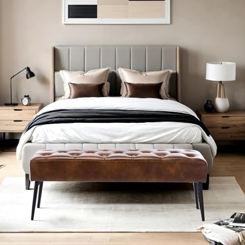 DUHOME Button-Tufted Ottoman Bench, Upholstered Bedroom Benches Leather Footrest Stool Accent Bench for Entryway Dining Room Living Room Bedroom End of Bed, Yellowish Brown DUHOME