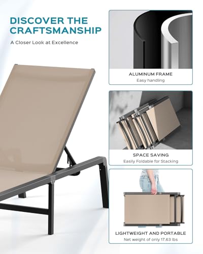 Aluminum Chaise Lounge Ourdoor - Foldable & Assemble Free Outdoor Lounge Chair with 5 Adjustable Backrest, Patio Lounge Chair for Outside Poolside Beach Pool, Khaki