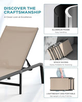 Patio Chaise Lounge Chair, Foldable Lounge Chair for Outside, Aluminum Chairs Set of 2 with 5 Adjustable Backrest, Outdoor Pool Lounger for Poolside, Lawn, Deck, Khaki