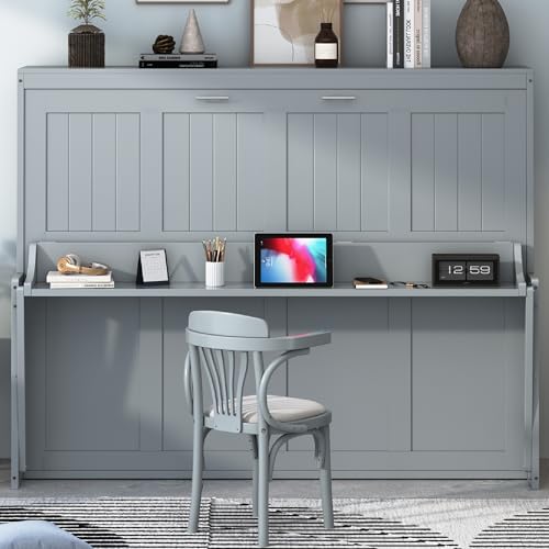 Merax Murphy Bed Full Size with Desk, Wood Folding Wall Bedframe with Smooth Hydraulic Lift, for Small Bedroom, Guest Room, Home Office, Grey Merax