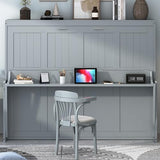 Merax Murphy Bed Full Size with Desk, Wood Folding Wall Bedframe with Smooth Hydraulic Lift, for Small Bedroom, Guest Room, Home Office, Grey Merax