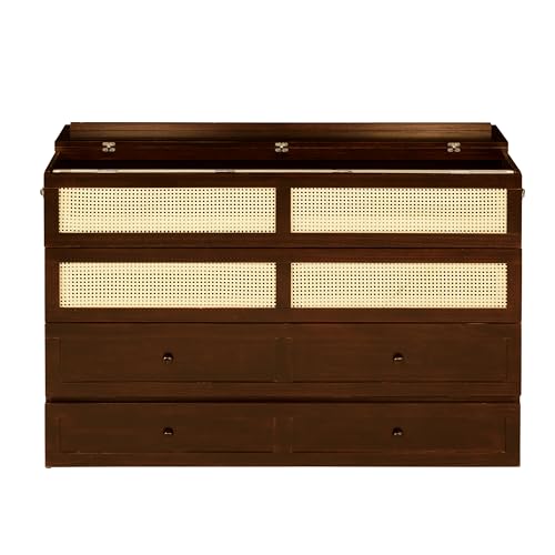 KMBOHE Queen Size Murphy Cabinet Bed with Storage Drawer, Farmhouse Style Pine Wood Wall Bed with Rattan Decoration, Space Saving Folding Bed for Apartment, Guest Room and Office, Walnut KMBOHE