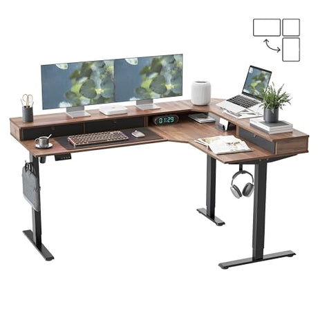 FEZIBO L Shaped Electric Standing Desk, 63x48 inch Large with Drawers | Reversible Tabletop, 2 Memory Height Settings | Home Office & Gaming Height-Adjustable Table, Black Walnut（2 Packages） FEZIBO