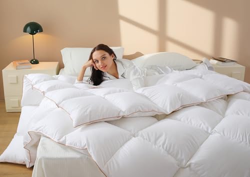 Down Comforter Queen Size – All Season Medium Weight Fluffy White Duvet Insert, Warm Feather Bedding, Soft 100% Cotton Cover, 90x90 Inch Vexino