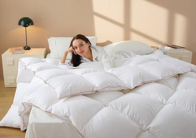 Down Comforter Queen Size – All Season Medium Weight Fluffy White Duvet Insert, Warm Feather Bedding, Soft 100% Cotton Cover, 90x90 Inch