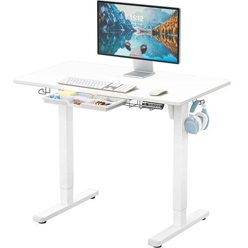 SHW 40-Inch Electric Height Adjustable Standing Desk with Drawer, Memory Preset and Cable Management Tray, White SHW