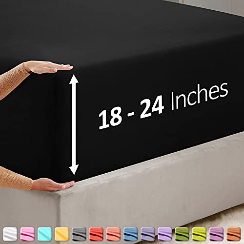 Hearth & Harbor Extra Deep Pocket California King Fitted Sheet - Fits 18 to 24 Inch Mattress – Ultra Soft 1800 Microfiber, Wrinkle-Free & Breathable – Hotel Luxury Fitted Sheet Only, Black Hearth & Harbor