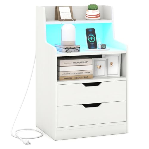 Giantex LED Night Stand with Charging Station, End Side Table w/Open Shelves, 2 Storage Drawers, Cable Holes, Nightstand w/Adjustable Light Color & Mode, Modern Bedside Table for Bedroom (1, White) Giantex